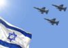 Israeli flag with three fighter jets in flight