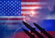 U.S. and Russian flags with missiles and lightning