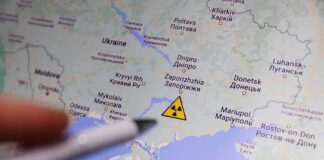 Map of Ukraine with nuclear warning symbol