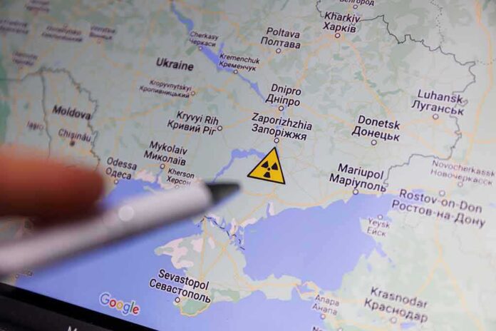 Map of Ukraine with nuclear warning symbol