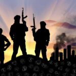 Three armed silhouettes near a smoky city skyline