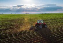 Tractor plowing a vast green field at sunset