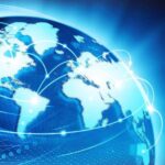 Illustration of a globe with digital connections and blue lighting