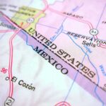 Closeup of a map showing the United States and Mexico border