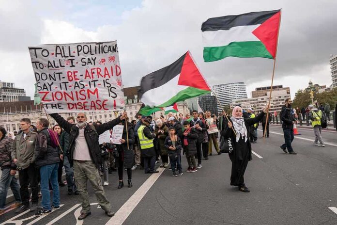 shutterstock_2381025287.jpg Crowd of protesters holding Palestinian flags and signs during a demonstration
