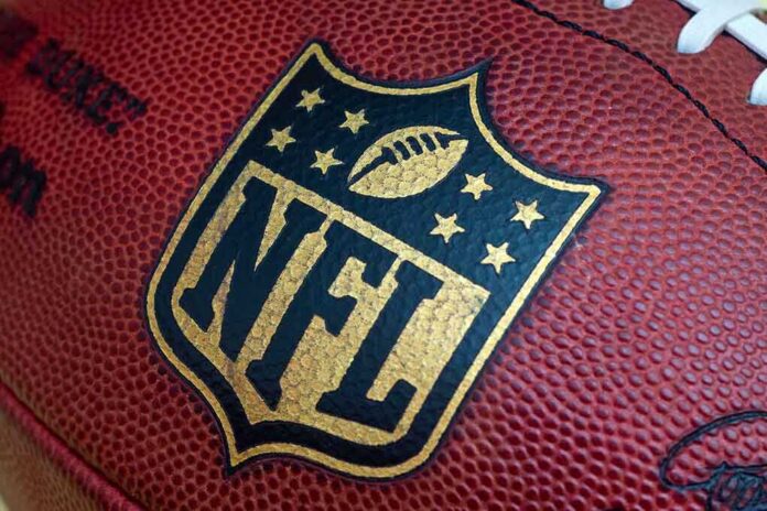 Close-up of an NFL football with the logo prominently displayed