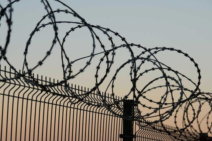 Barbed wire fence against sunset sky background.