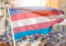 Transgender pride flag waving at outdoor event.