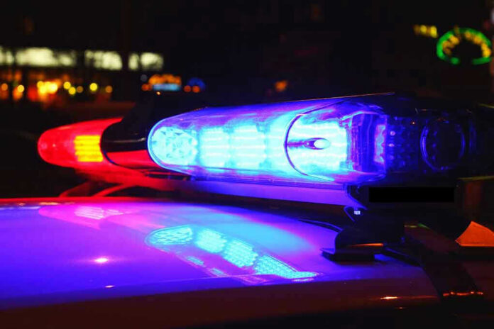 Police car lights flashing at night.