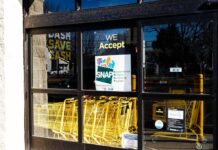 America’s Biggest Welfare State Revealed! Store entrance with yellow shopping carts behind glass doors