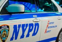 NYPD patrol car side with blue stripe and door lettering