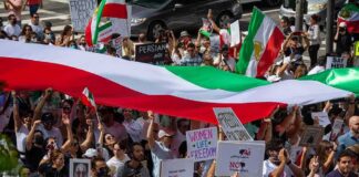 Crowd of protesters holding signs and a large tricolor flag