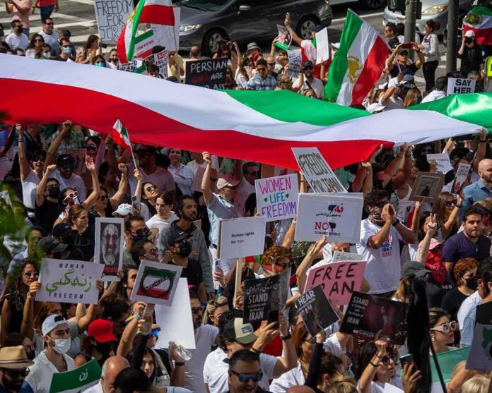 Crowd of protesters holding signs and a large tricolor flag