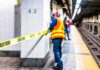 Construction worker on subway platform with caution tape