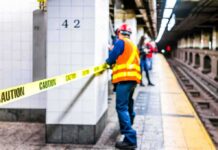 Train Worker Finds DAYS OLD Body Lodged In Closet Construction worker on subway platform with caution tape