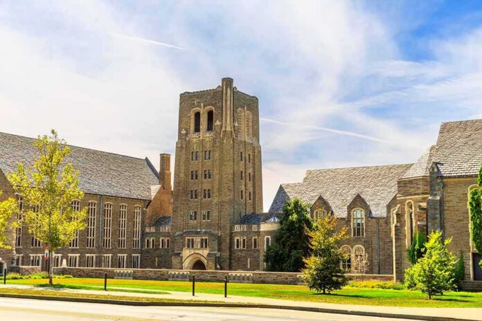 Gothic-style university building with central stone tower