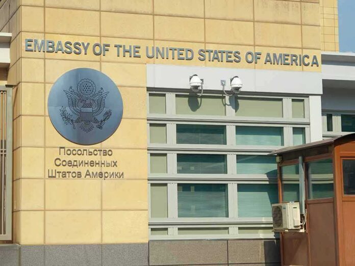 United States Embassy exterior with signage and seal