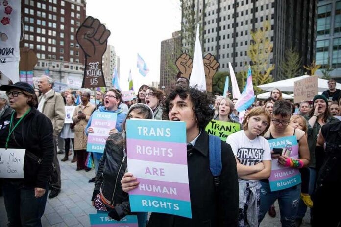 Crowd of protesters holding trans rights signs at a city rally