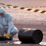 Hazmat worker kneeling near a fallen barrel at a cordoned-off site
