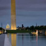 Washington Monument and reflecting pool at dusk