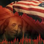 US flag overlaid on dollar bills with red falling stock chart