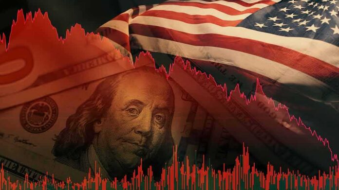 shutterstock_2213048323 US flag overlaid on dollar bills with red falling stock chart