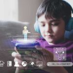 Boy with headphones using a smartphone with holographic chatbot icons