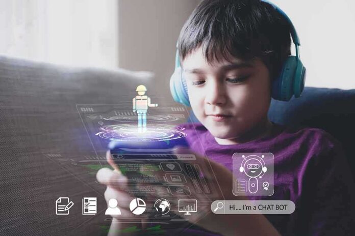 Boy with headphones using a smartphone with holographic chatbot icons