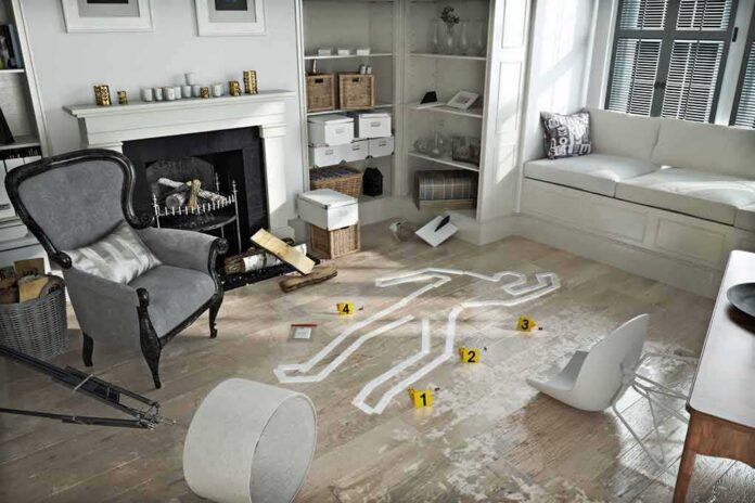 shutterstock_258423893 Living room crime scene outline on wooden floor with scattered furniture