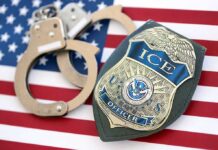 ICE officer badge and handcuffs on an American flag