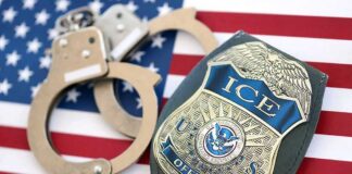 ICE officer badge and handcuffs on an American flag
