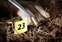 Forensic gloved hand collecting a bullet casing near evidence marker