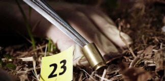 Forensic gloved hand collecting a bullet casing near evidence marker