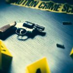 80% Of Gun Homicides Use ILLEGAL Firearms Revolver on a table at a crime scene with evidence markers