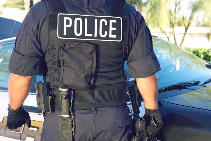 Police officer in tactical vest standing by patrol car