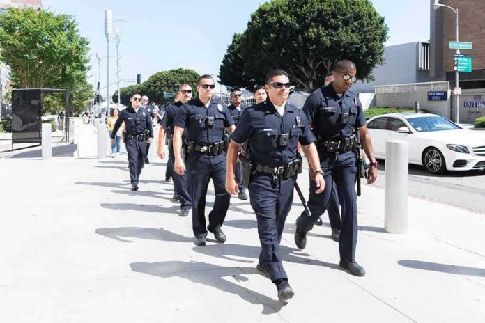 Police officers walking in formation on a city sidewalk
