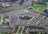 Aerial view of a large pentagon-shaped government complex