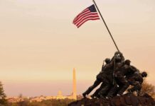 Iwo Jima Memorial with soldiers raising the American flag at sunset