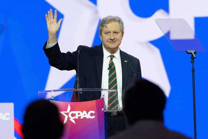 shutterstock_2269916559 John Neely Kennedy waves while speaking at a podium on a brightly lit stage